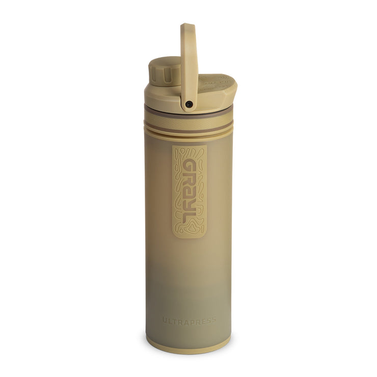 Best top rated Grayl UltraPress Filter and Purifier Water Bottle – 16.9 Fluid Ounces / Covert Edition / FlipCarry Handle Up View / Desert Tan