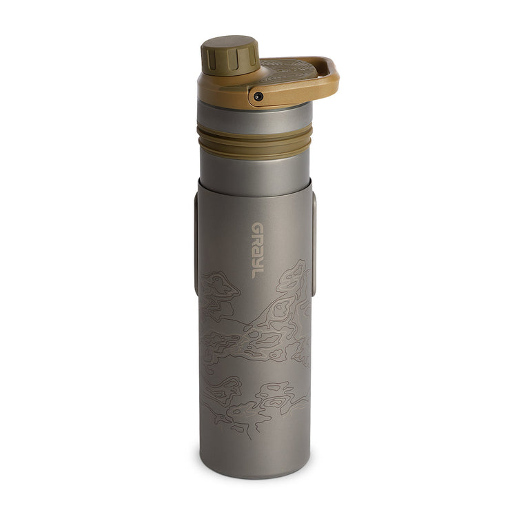 Grayl UltraPress Titanium Filter and Purifier Water Bottle – 16.9 Fluid Ounces / Covert Edition / Purifying Press View / Coyote Brown