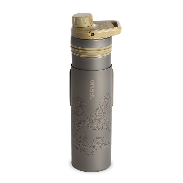 Grayl UltraPress Titanium Filter and Purifier Water Bottle – 16.9 Fluid Ounces / Covert Edition / Purifying Press View / Desert Tan